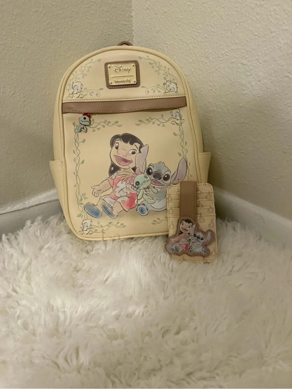 Disney Cream Lilo & Stitch Kids Backpack with Brown Trim